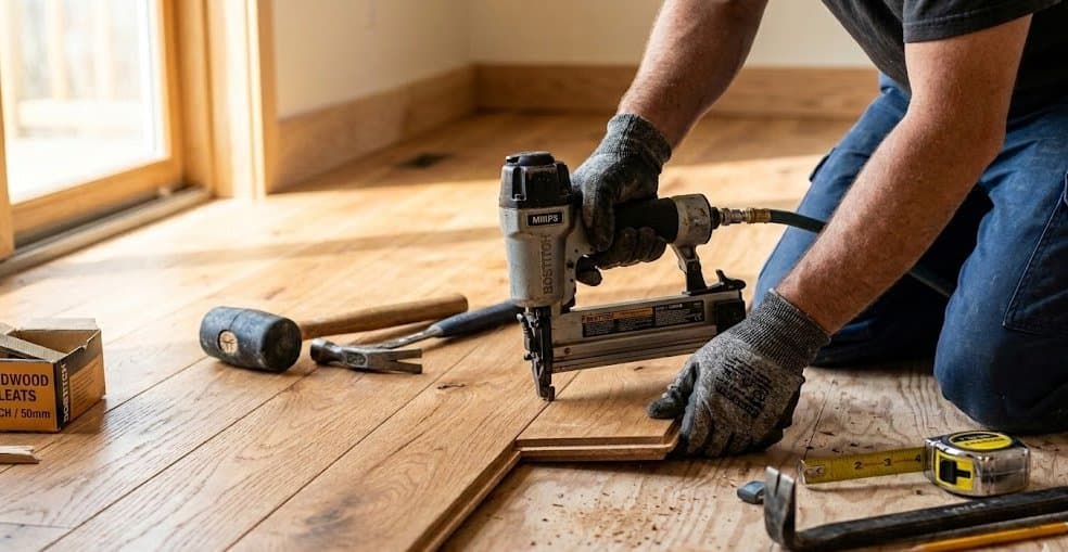 Handwerker bei der Verlegung von Holzboden