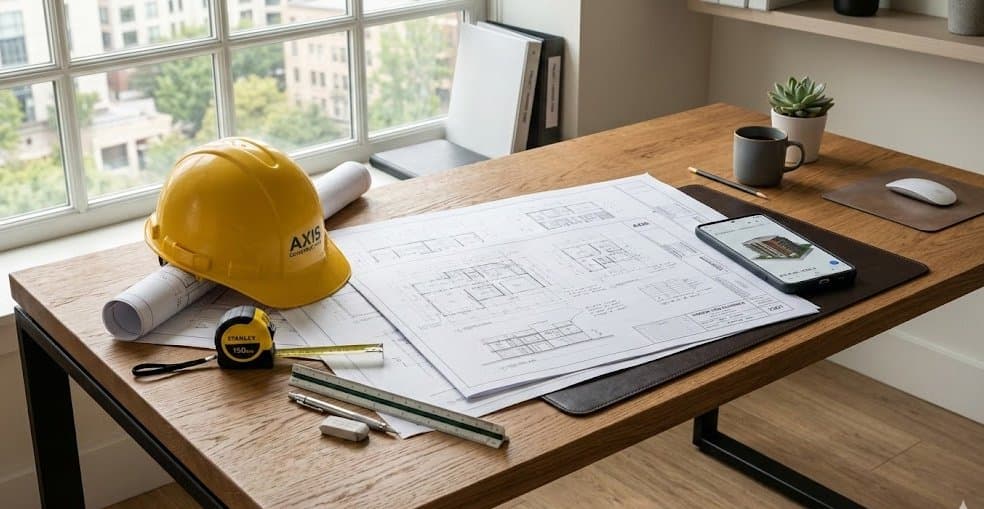 Baupläne und Werkzeuge auf einem Schreibtisch